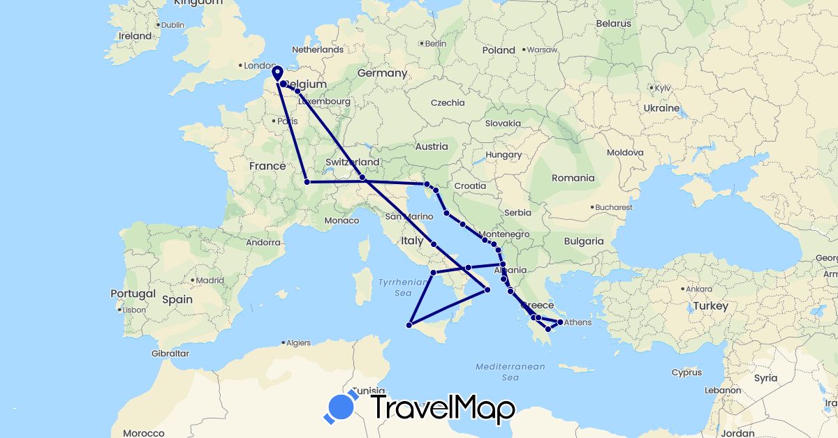 TravelMap itinerary: driving in Albania, Belgium, Switzerland, France, Greece, Croatia, Italy, Montenegro (Europe)